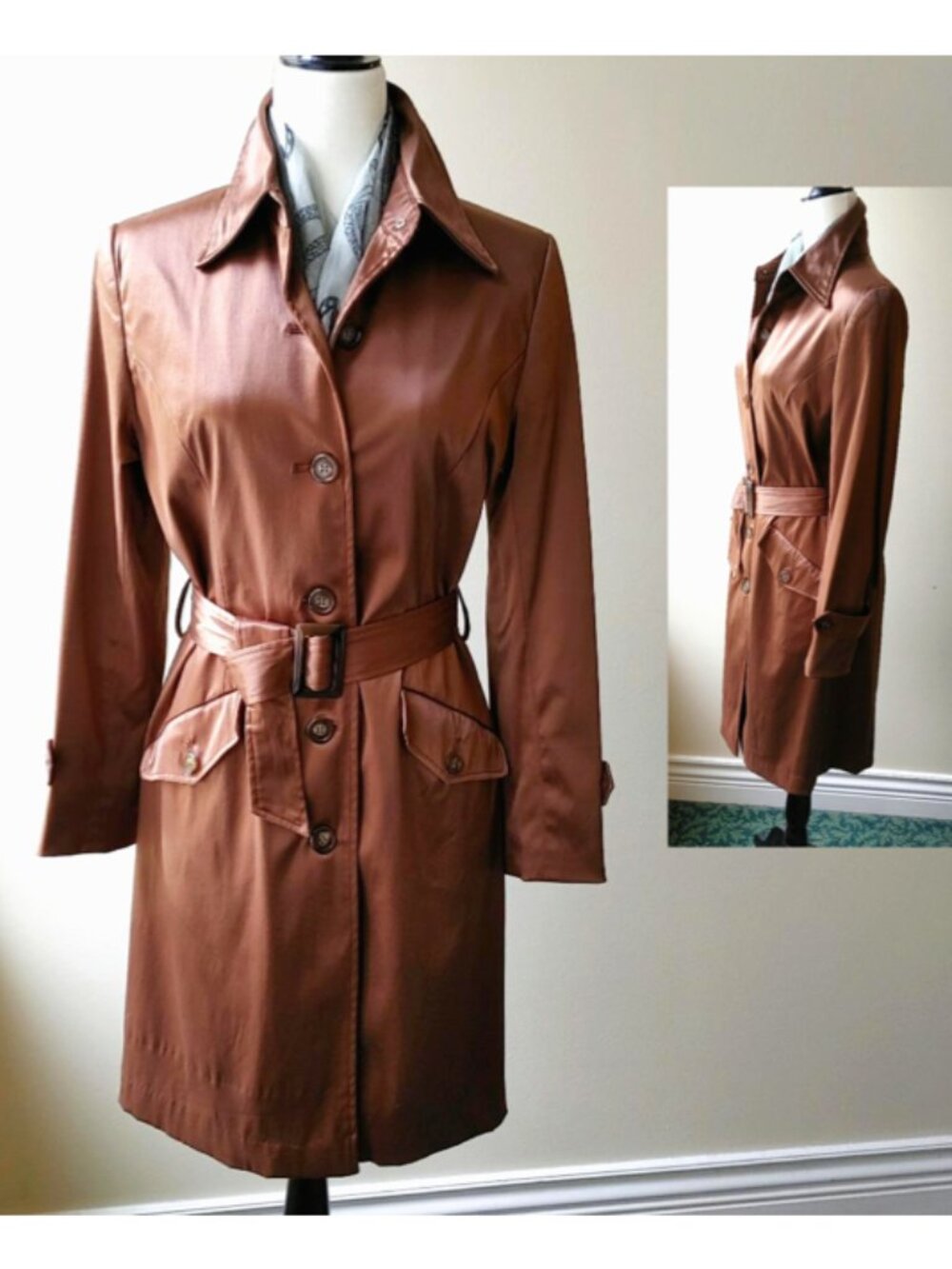FORNARI Trench Coat Brown Mid-length Single-breasted Collar Pockets Lined Size 7